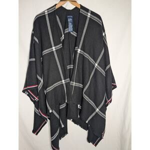 Tommy Hilfiger Womens Poncho Shawl One Size Black White Red Logo Classic Cozy
